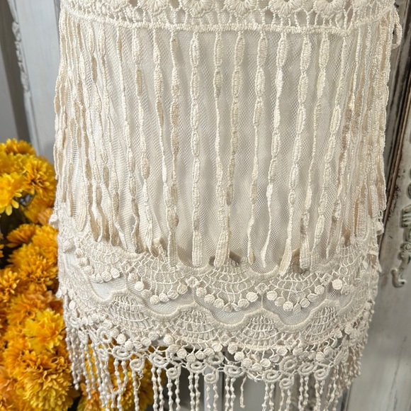 Crystal K Cream Lace Sleeveless Top with Fringe Boho Victorian Edwardian - Picture 4 of 7